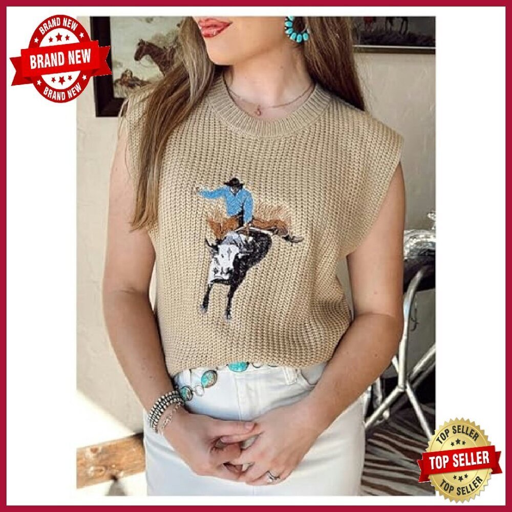 Western Cowboy Embroidered Ribbed Sweater Vest Crew Neck Sleeveless - Picture 6 of 7